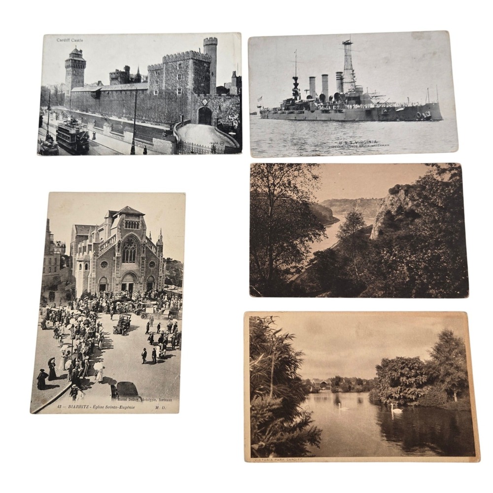 Lot 5 Antique Postcards 1909 USS Virginia Battleship Cardiff Castle Biarritz
